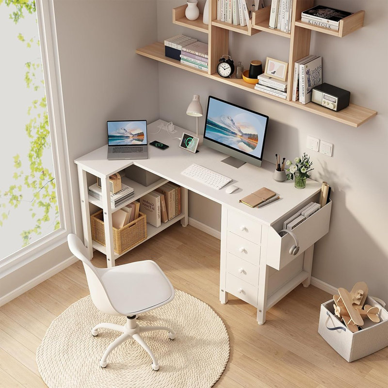 Built-in Outlets L-Shaped Computer Desk with Drawers & Storage Shelves, 29.5" H x 47.2" W x 26.8" D, White