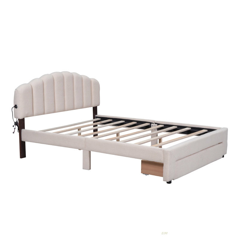 Upholstered Bed Frame With LED Lights, Modern Upholstered Princess Bed With Crown Headboard (Bed), Beige, Queen