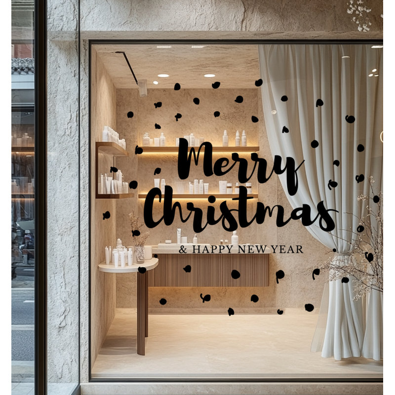 Décalcomanie vinyle Merry Christmas & Happy New Year Storefront, Bleu glacier, H 30 po x l 30 po