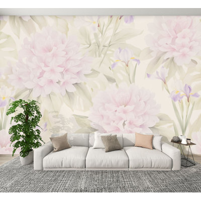 Papier peint à peler et coller Rhododendron rose doux, aquarelle, feuilles et feuilles vertes, peintures murales claires, H 100 po x l 144 po, papier mural amovible en PVC, autocollant, pour chambre à coucher, salon, canapé, fond