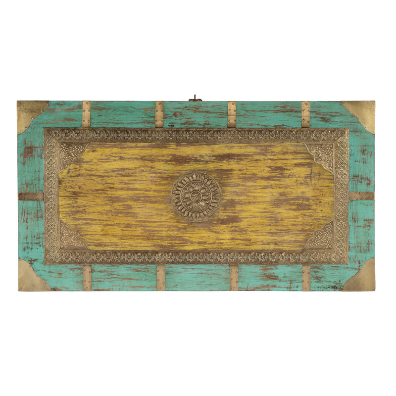 Nador Hand-Painted Brass Inlay Storage Trunk Coffee Table, Green/ Gold