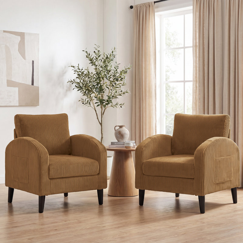 Modern Corduroy Accent Chair with Side Pocket, Comfy Curved Arm Reading Chair, Brown