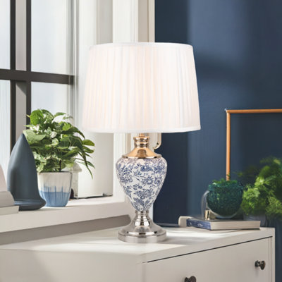 Edie 57cm White/Blue/Silver Toile de Jouy Vintage Style Table Lamp