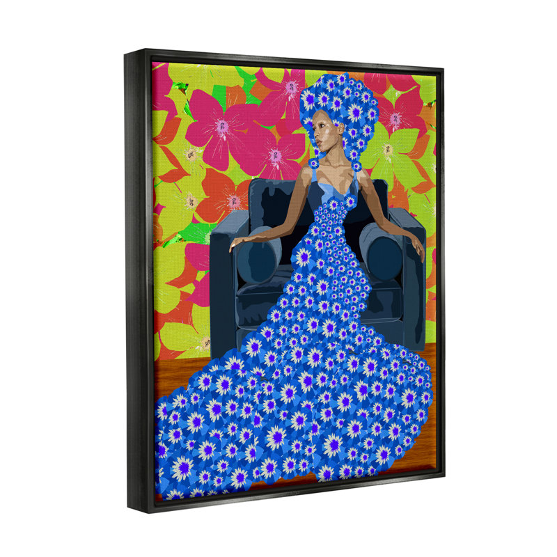 «Woman In Blue Retro Floral» par Lynnda Rakos, impression, Cadre flottant noir de jais, H 21 po x l 17 po x P 1,7 po