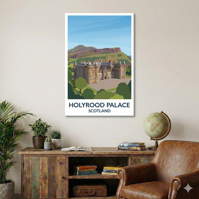 Holyrood Palace, Scotland - Romantic Travel Poster Of Edinburgh's Royal Palace And Arthur's Seat. Giclee Print On Wrapped Canvas. Wall Art, Home Decor - Castles & Palaces, Scotland - Wrapped Canvas Print
