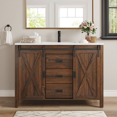 48" Farmhouse Bathroom Vanity With 3 Drawers & Sliding Doors