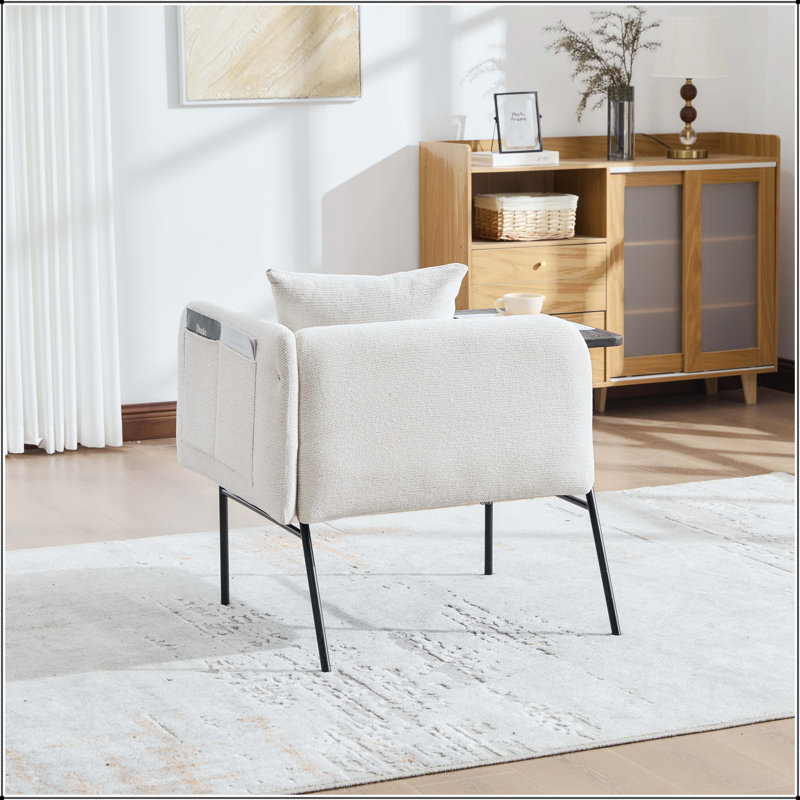 Chaise de loisir avec petite table et poches latérales - Tissu en lin, Lin beige