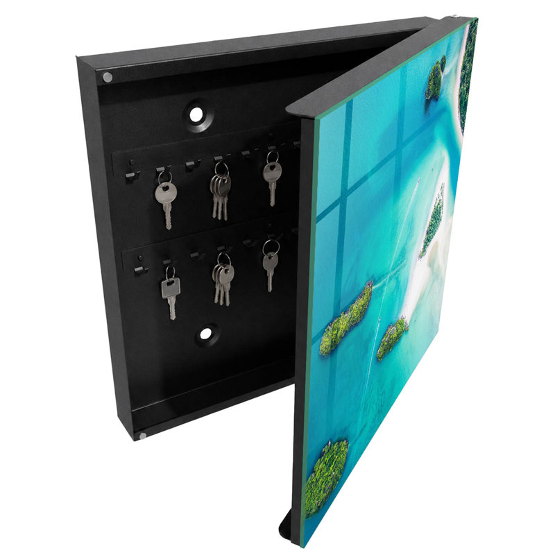 Decorative key box for wall, Opens to the right, 30x30x5, Black, The stunning landscape of tropical islands, 
