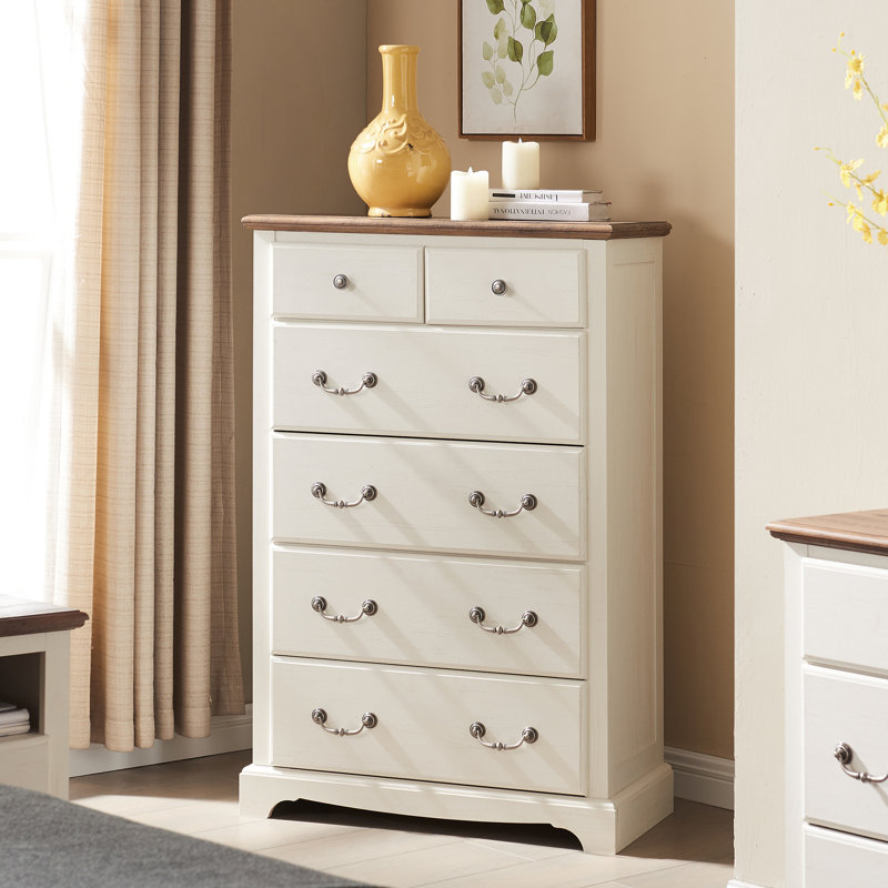 Krijna 32" W  Vintage 6 Drawers Dresser Chests, Wood Rustic Tall Chest of Drawers, Antique White/Walnut