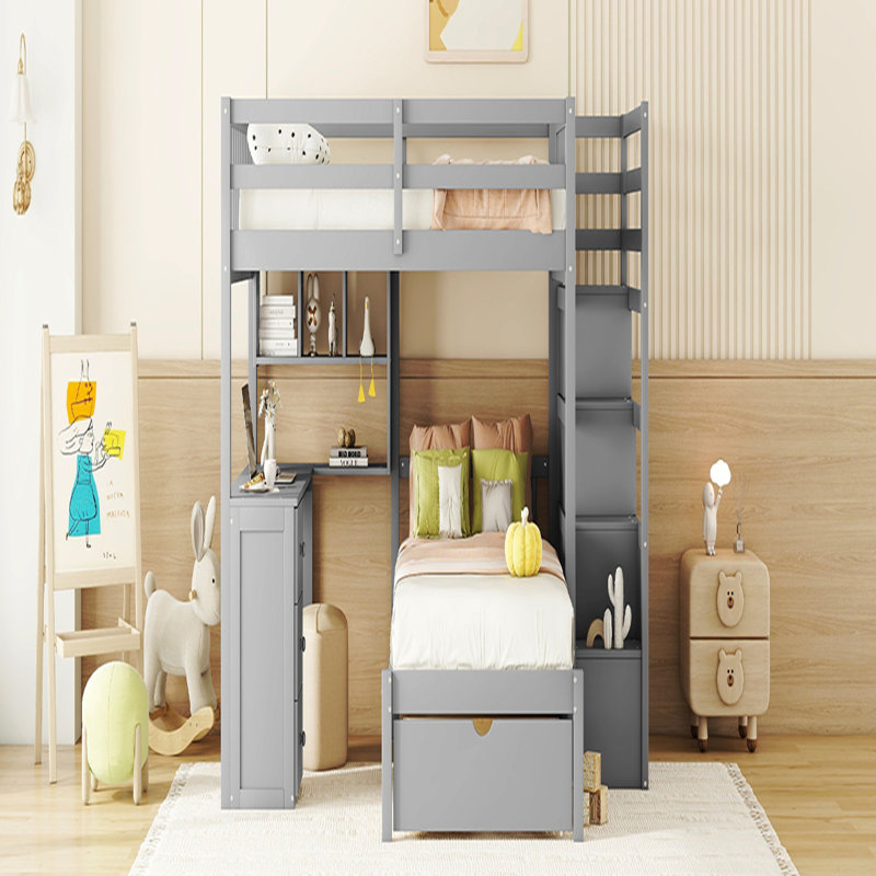 Lit superposé double au-dessus de simple avec bureau, tiroirs et tablettes, Gris