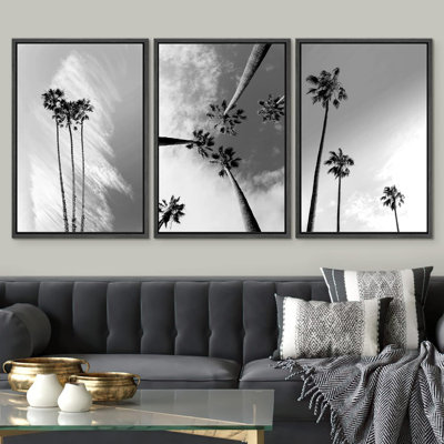 Tropical Palm Black And White Tropical Palm Tree Coastal Artwork Framed Canvas 3 Pieces Pictures Print Wall Art