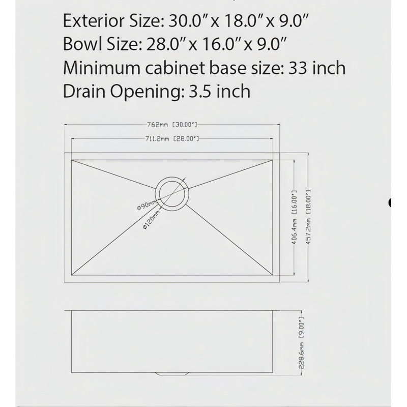 Évier de cuisine encastré 30 "x 18" x 9 "en acier inoxydable avec cuve simple de calibre 16 avec ensemble de drain