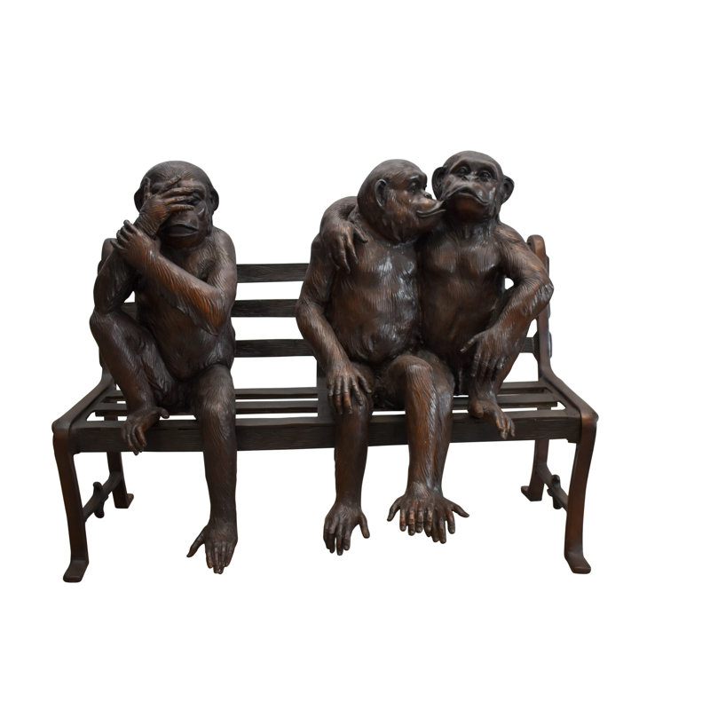 Three Emotional Monkeys on Bench Bronze Statue  57" x 20" x 43"H.