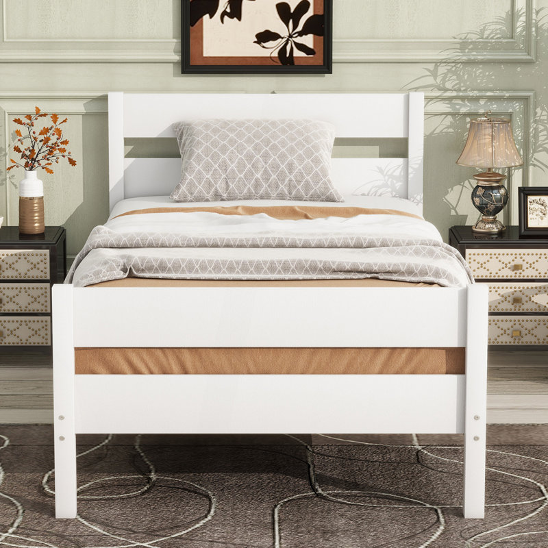 Twin Bed with Headboard and Footboard,Rubber Wood Bed,White, White