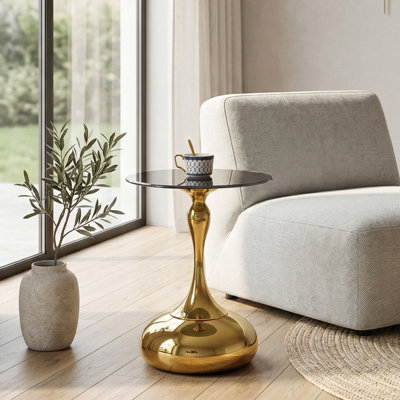 Table ronde moderne de 17,8 po de diamètre, plateau en verre trempé, acier inoxydable, table de bout, table d'appoint, doré, table d'appoint