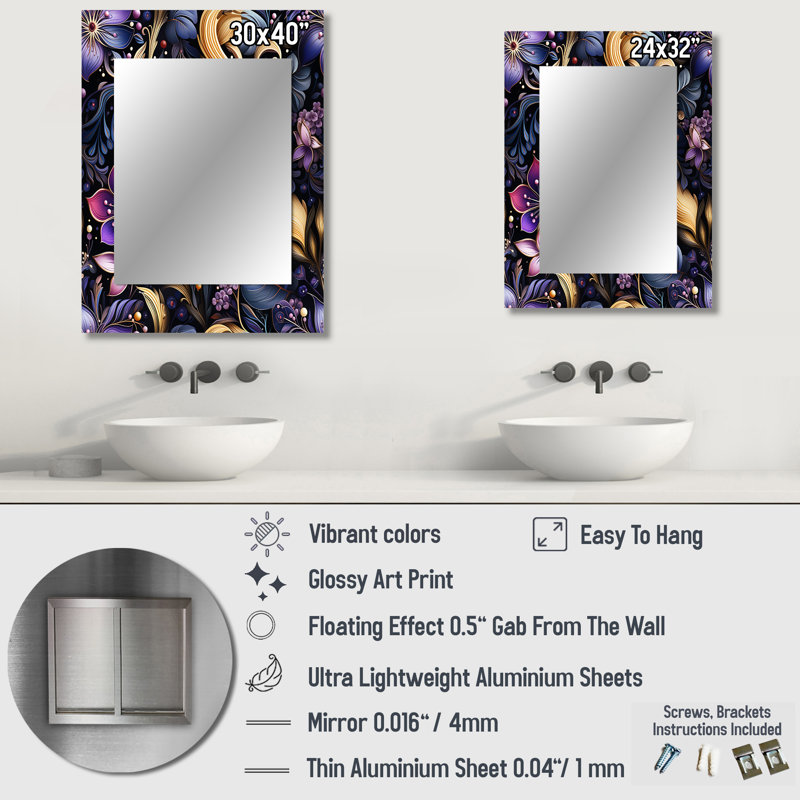 «Zarahy Romantic Blue and Mauve Paisleys», miroir décoratif floral, miroir mural floral, impression d'art en métal