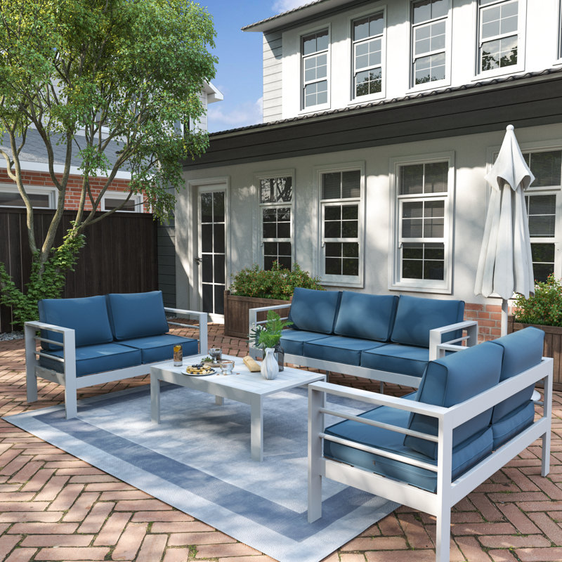 Kassidee 7 - Person Patio Conversation Set with Cushions, Blue, White
