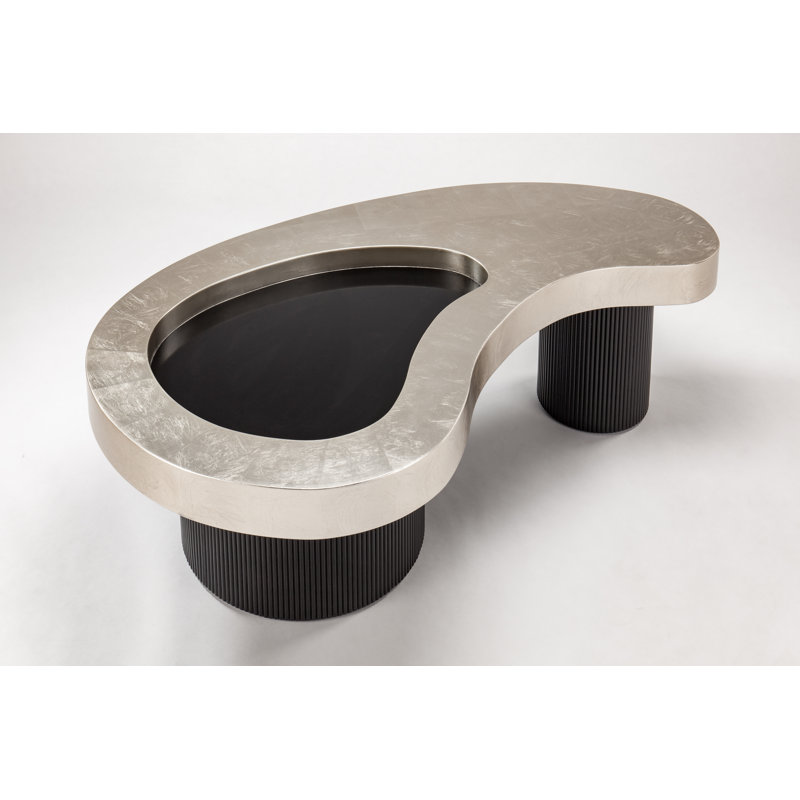 Silverleaf and Black Ribbed Base Kidney-Shaped Coffee Table