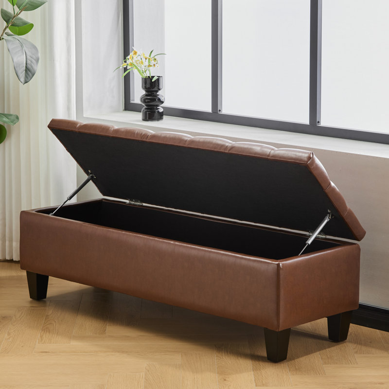 Banc de rangement brun en polyuréthane, pieds en bois d'hévéa, support de 300 lb, charnières à ouverture douce, coutures à boutons et à losanges, idéal pour l'intérieur de la maison, banc de H 49,56 po x P 17,11 po avec surface