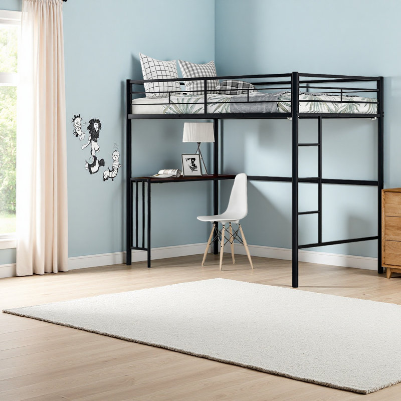 Lit mezzanine simple en métal avec bureau, échelle et garde-corps, lit mezzanine pour chambre à coucher, Noir
