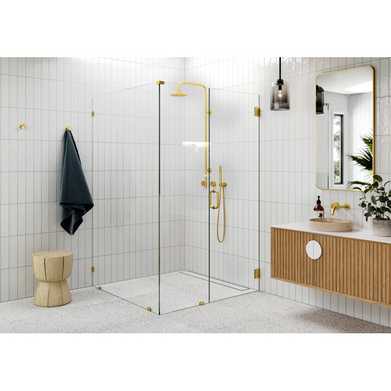 Illume 46 in. x 46.5 in. x 78 in. 90-degree Fully Frameless Wall Hinged Glass Shower Enclosure, Satin Brass