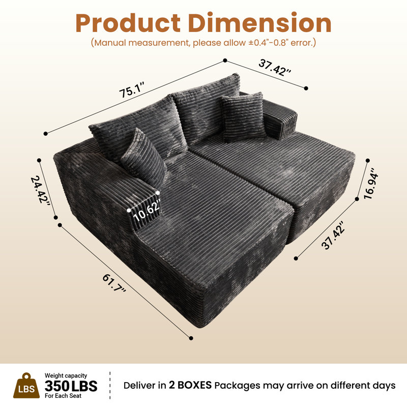 Très grand canapé modulaire compressé de 75,1 pi avec méridienne double, revêtement moelleux avec 2 coussins, aucun assemblage requis