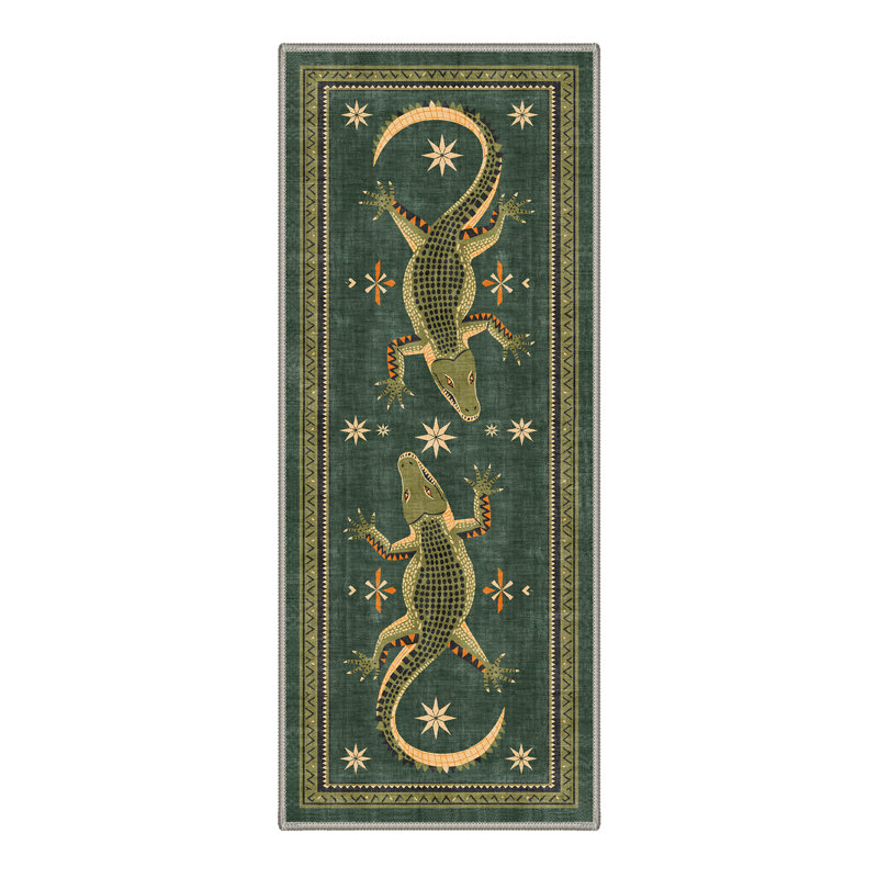 Reptilia Animal Print Machine Washable Green Indoor Area Rug with Non-Slip Backing, Runner 2' x 7'