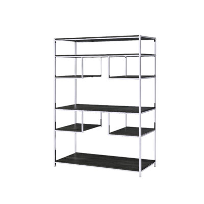Bibliothèque à 8 tablettes en chêne gris rustique et - Support à tablette géométrique moderne, structure en métal, tablettes réglables en bois et tablettes ouvertes, métal, rangement en bois massif