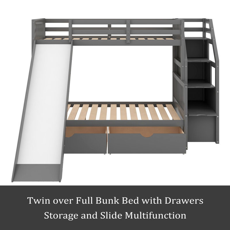 Harriet Bee Twin Over Full Bunk Bed With Drawers,Storage And Slide ...