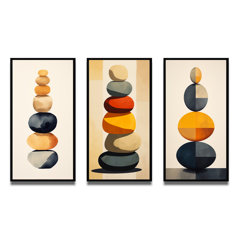 Ensemble de 3 pièces Spiritual Stone Art - équilibrage visuel des roches, Cadre flottant noir, H 40 po x l 60 po