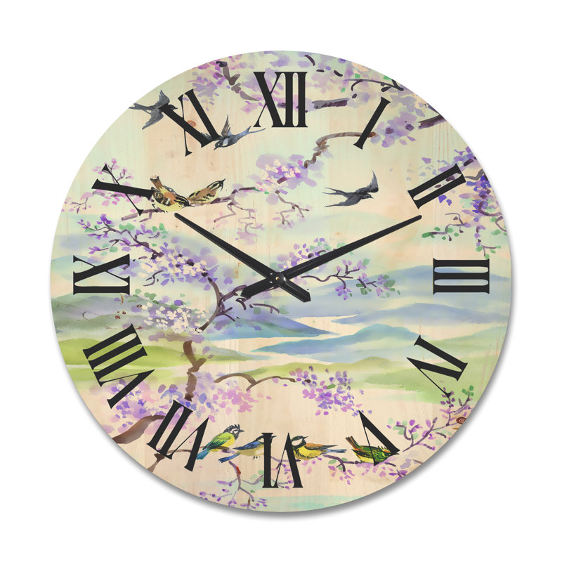 Horloge murale oiseaux sur branche de cerisier, Très grand