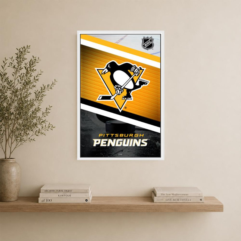 Décoration murale des Penguins de Pittsburgh (NHL), H 36 po x l 24 po, Cadre flottant biseauté, Blanc