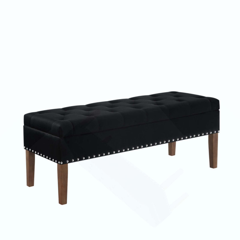 48" Tufted Velvet Storage Bench - Nailhead Accent, Solid Wood Frame & Safety Hinges For Bedroom/entryway, Black