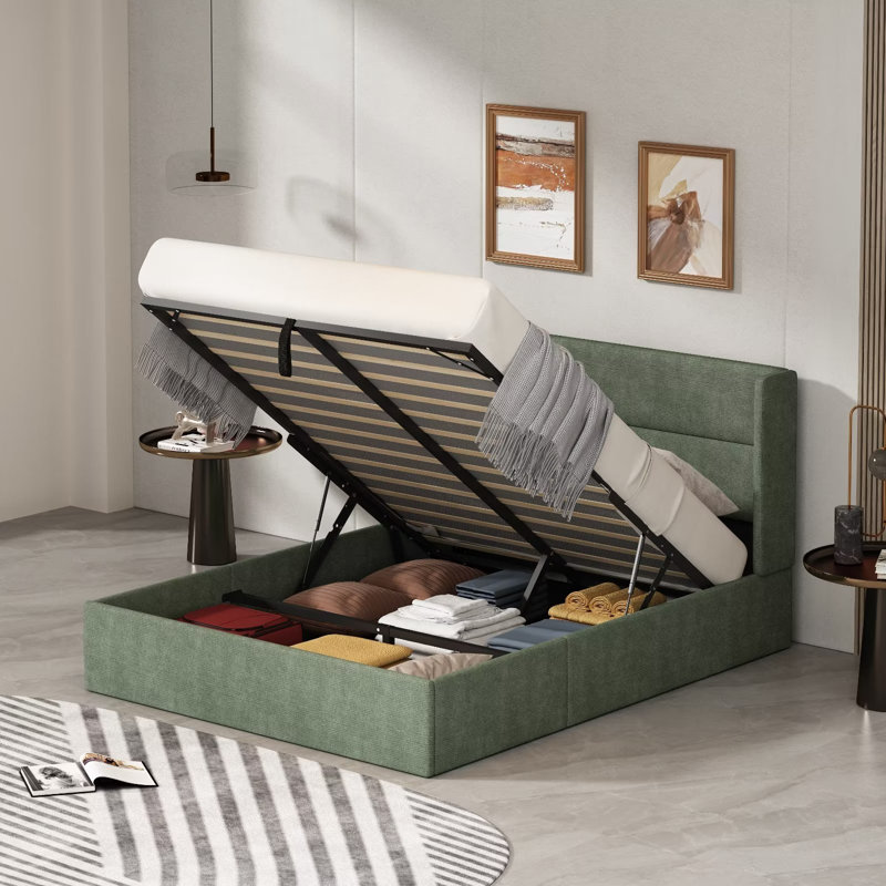 Lit plateforme tapissier avec rangement Gaillarde, Vert forêt, Grand