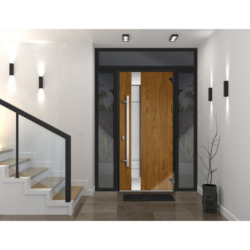 Porte avant en acier pré-suspendue à l'avant / deux en chêne naturel 1713/2 fenêtres latérales extérieures supérieures et latérales / inserts en acier inoxydable simples peints modernes - l 16 + 36 + 16 po x H 80 + 16 po - Gauche