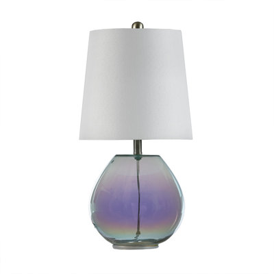 Iridescent Glass Table Lamp 10"L x 10"W x 19.5"H Cotton Fabric Shade 1pc Table Lamp White/Green Iridescent On-Off Rotary Switch