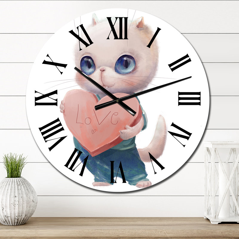 Mignon chat blanc avec cœur - Horloge murale pour enfants, Moyen