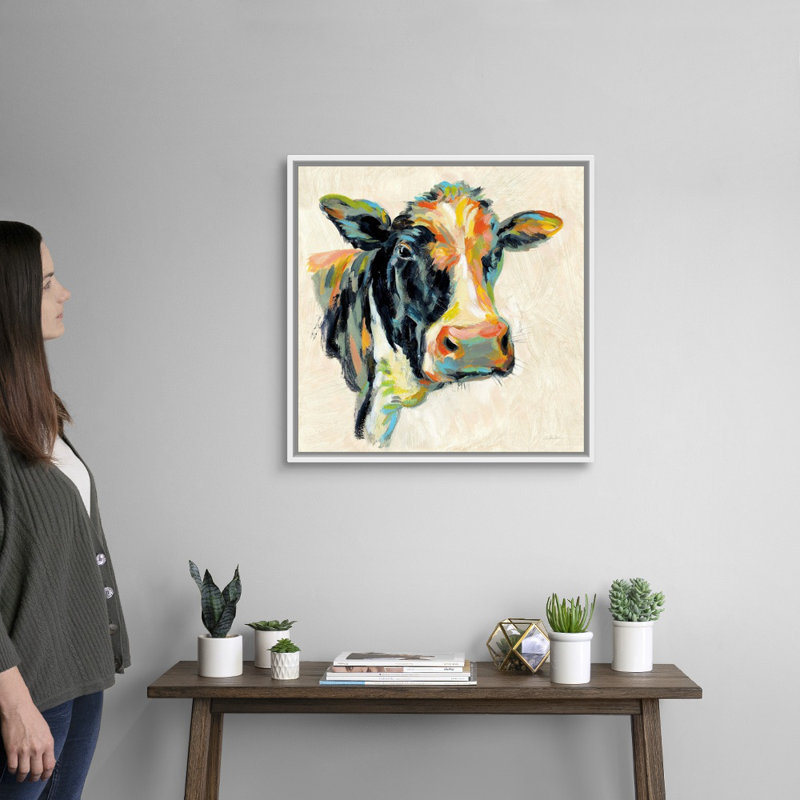 «Expressionistic Cow I», art mural sur toile, H 26 po x l 26 po x P 2 po, Toile avec cadre blanc
