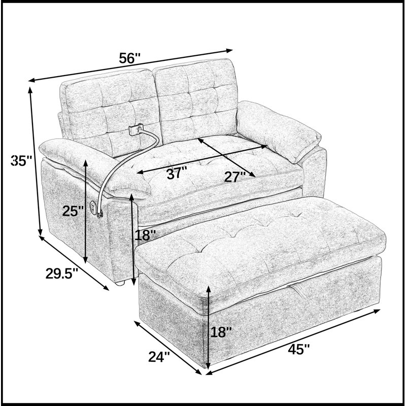 Canapé avec port de chargement USB latéral, support pour téléphone et repose-pieds de rangement, Gris