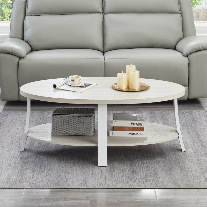 Table basse ovale en bois blanche avec tablette stable et élégante, Blanc