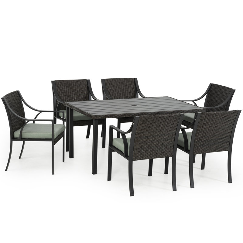 Ensemble repas d'extérieur 7 pièces avec trou pour parasol et coussins 7 pièces, Vert