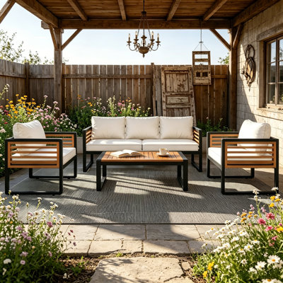 Outdoor 5-Person Sofa Seating Group with Removable Cushion and Acacia Wood Tabletop