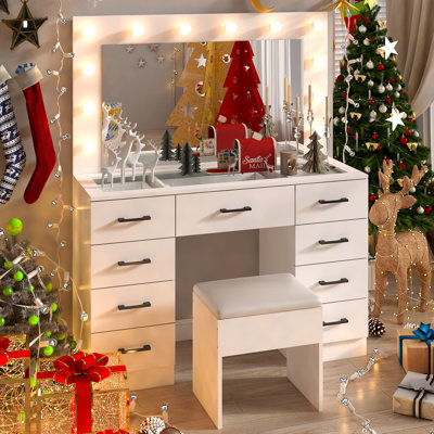 Grand ensemble de coiffeuse avec lumières, USB et prise de courant, 9 tiroirs