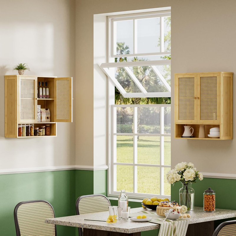 Bamboo Wall-Mounted Over-Toilet Cabinet, Rattan Doors & Adjustable Shelf, 26.18" H x 23.23" W x 8.27" D