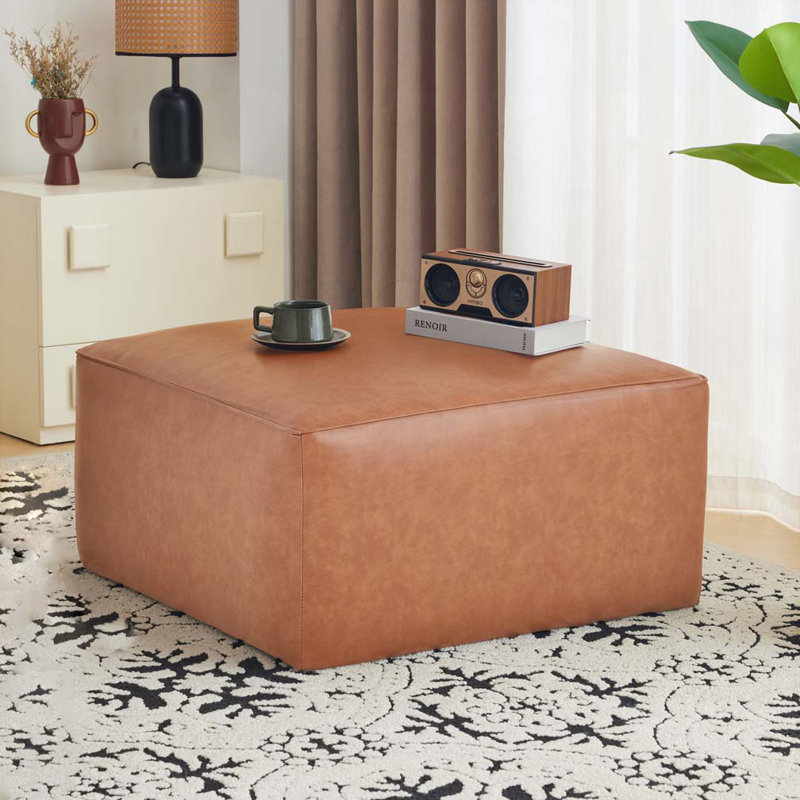 Square PU Leather Ottoman, Tan