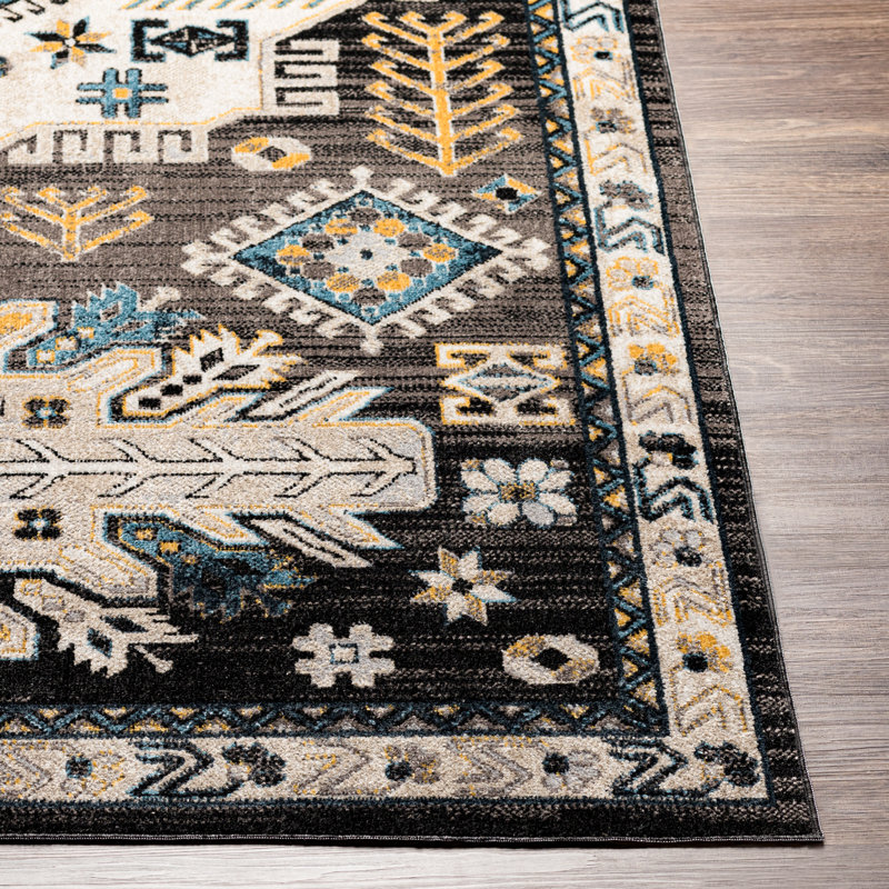 Tapis oriental noir / bleu / blanc tissé à la machine, Rectangle 6 pi 7 po x 9 pi