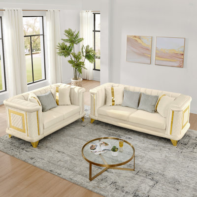 Ensemble de canapé de luxe 2 pièces Ashville avec garnitures en acier inoxydable doré et texture brodée, canapé victorien moderne de 89 pouces à 3 places et 69 pouces pour causeuse