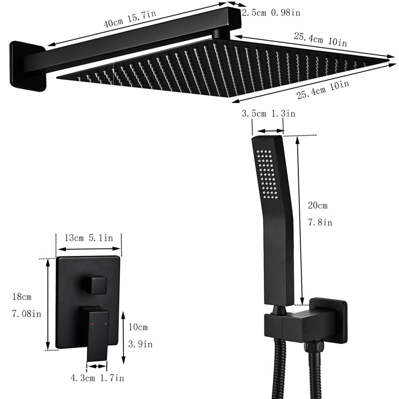 Système de douche pour salle de bain - Douche murale à effet pluie avec garniture en céramique noire, robinet noir émaillé, style baignoire sur pieds, finition polie