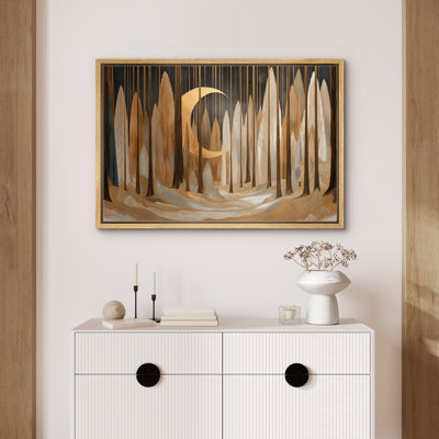 Art déco, croissant de lune doré, forêt, très grand, reproduction d'art sur toile encadrée