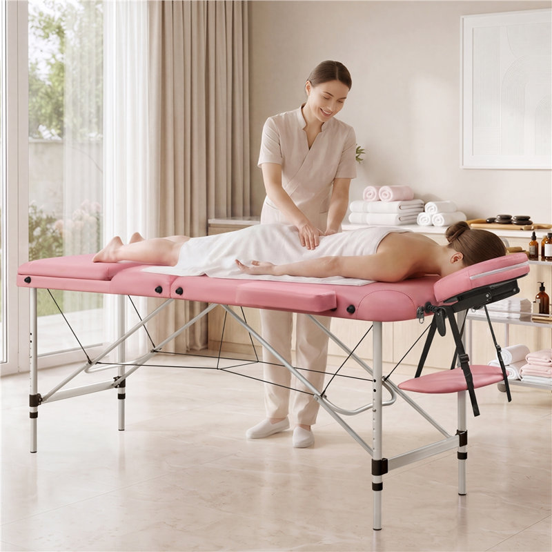Lit de massage réglable à 3 fois la hauteur avec dossier, Rose